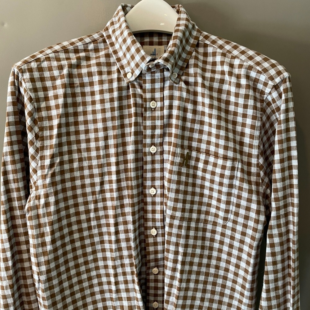 Johnnie-O Hangin Out Men's Brown Blue Gingham Check Button Down Shirt Sz M